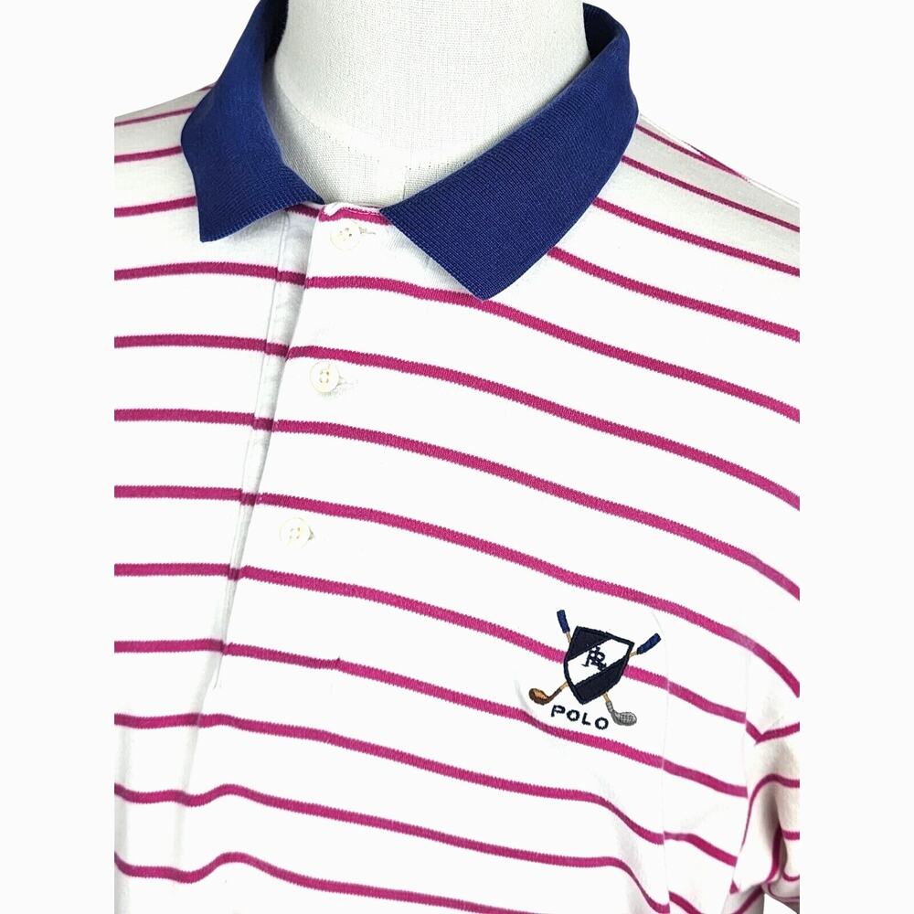 Polo Ralph Lauren Short Sleeve Polo Golf Shirt White Pink Stripe Size XL